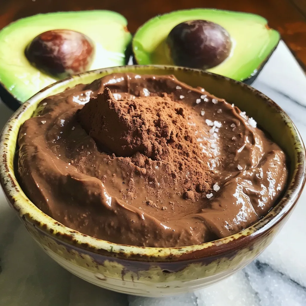 Side view of rich chocolate avocado mousse topped with chocolate shavings.