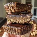 ['Close-up view of chocolate baked oat cups with melted chocolate chips on top.', 'Side view of a delicious baked oat cup filled with chocolate and peanut butter.', 'A single chocolate baked oat cup showcasing its moist texture and glossy chocolate.', 'Several chocolate baked oat cups arranged on a plate, highlighting their rich chocolate color.']