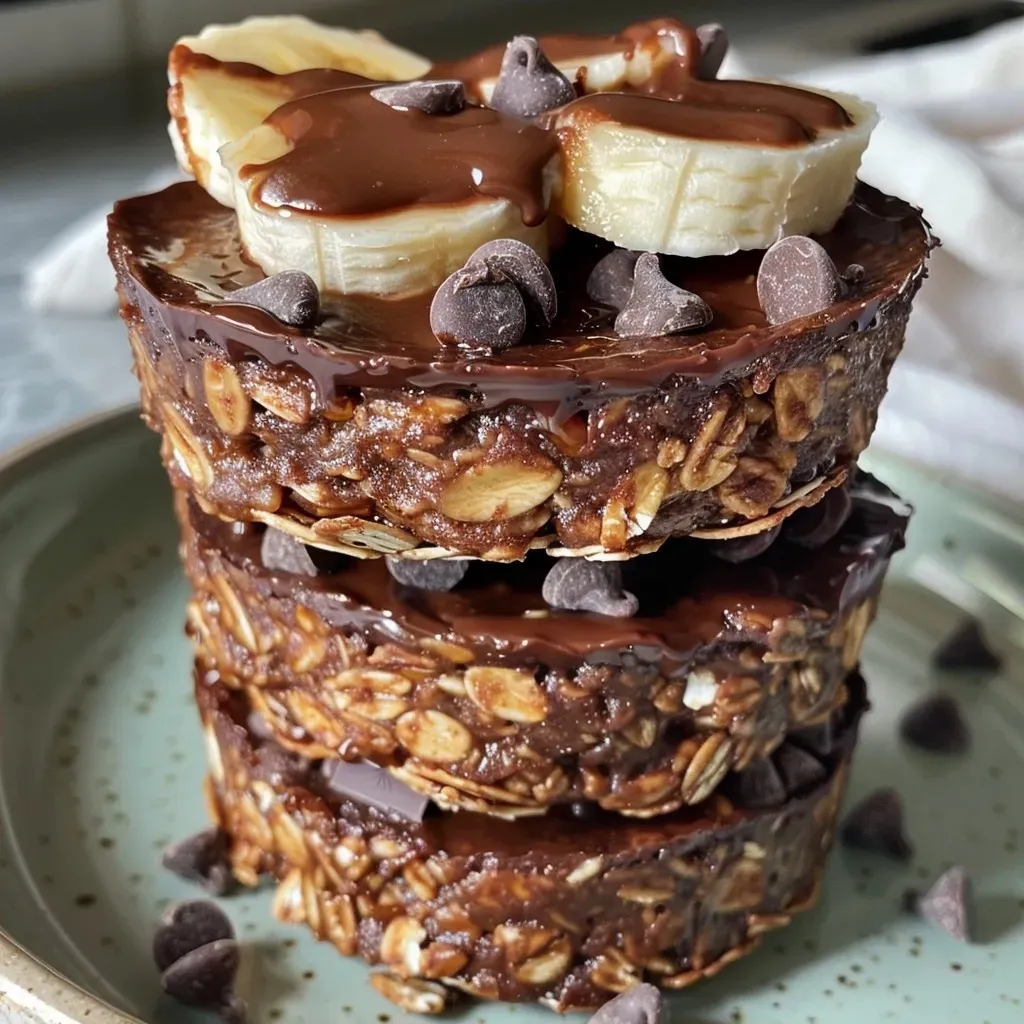 ['Close-up view of chocolate baked oat cups with melted chocolate chips on top.', 'Side view of a delicious baked oat cup filled with chocolate and peanut butter.', 'A single chocolate baked oat cup showcasing its moist texture and glossy chocolate.', 'Several chocolate baked oat cups arranged on a plate, highlighting their rich chocolate color.']