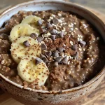 Close-up of a bowl of chocolate banana porridge topped with banana slices and cocoa powder.