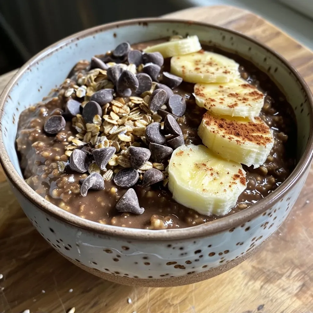 Side view of creamy chocolate banana porridge with a ripe banana and oats visible.