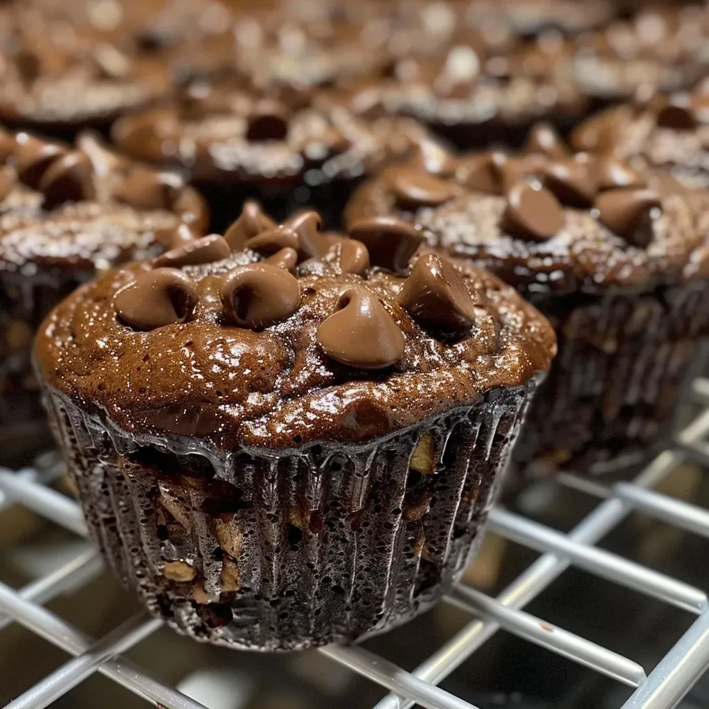 ['Close-up side view of a chocolate banana protein muffin on a wooden table.', 'A delicious chocolate banana protein muffin with chocolate chips, displayed on a rustic surface.', 'Juicy chocolate banana protein muffin with a soft texture, captured from the side.', 'Side perspective of a chocolate banana protein muffin, highlighting its moist interior.']