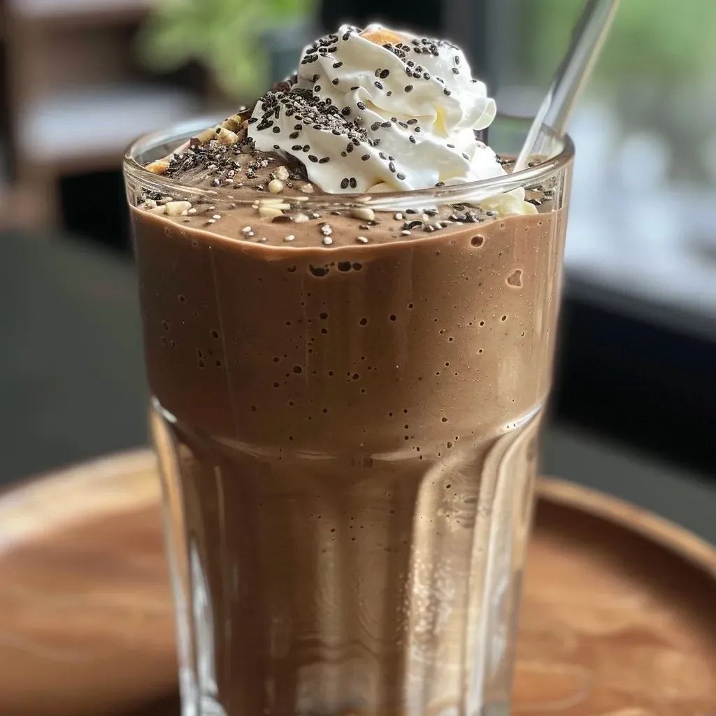 ['A close-up side view of a chocolate chia milkshake in a glass, topped with whipped cream and chia seeds.', 'A decadent chocolate chia milkshake in a tall glass, featuring whipped cream and chia seeds on top.', 'A side view of a creamy chocolate chia milkshake, showcasing its rich color and toppings.', 'A chocolate chia milkshake overflowing with whipped cream and garnished with chia seeds, captured in detail.']