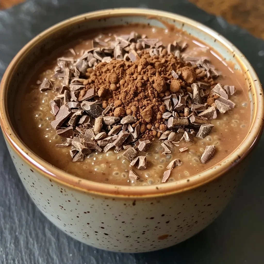 ['Close-up view of a luscious Chocolate Chia Protein Pudding in a clear glass.', 'Side angle of creamy chocolate chia pudding topped with chia seeds.', 'Rich chocolate pudding with chia seeds on a wooden table.', 'Smooth chocolate chia pudding displayed in a stylish glass container.']