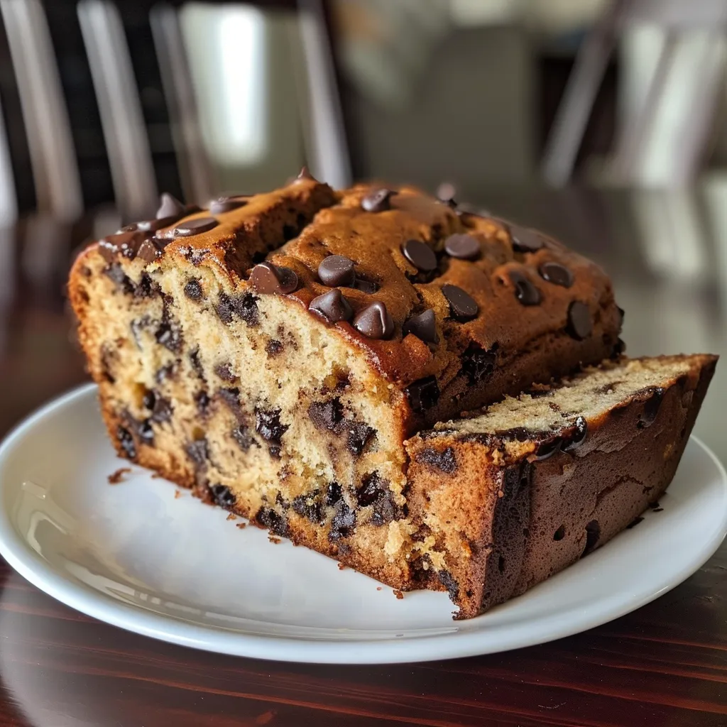 Side angle of freshly baked banana bread studded with melty chocolate chips, resting on a wooden surface.