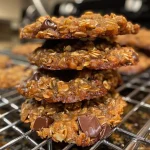 ['Close-up of chocolate chip banana oatmeal cookies stacked on a plate.', 'Side view of a fresh cookie showing chocolate chips and oats.', 'Juicy chocolate chip banana oatmeal cookies displayed on a wooden board.', 'A collection of warm cookies with chunks of chocolate and walnuts.']