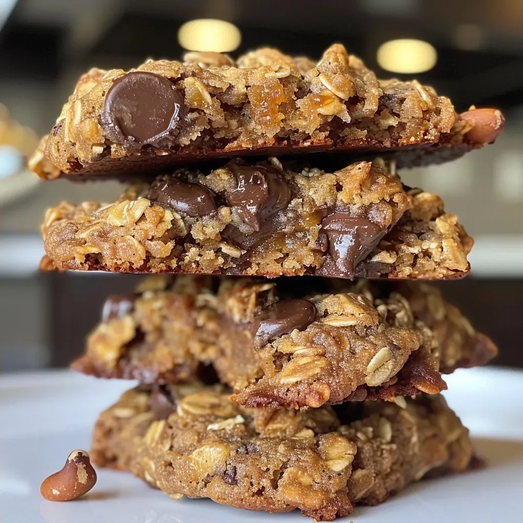 ['Close-up of chocolate chip banana oatmeal cookies stacked on a plate.', 'Side view of a fresh cookie showing chocolate chips and oats.', 'Juicy chocolate chip banana oatmeal cookies displayed on a wooden board.', 'A collection of warm cookies with chunks of chocolate and walnuts.']
