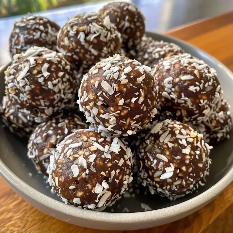 ['Close-up view of shiny Chocolate Coconut Energy Balls on a wooden surface.', 'Delicious Chocolate Coconut Energy Balls, showing a side view with a textured surface.', 'A group of Chocolate Coconut Energy Balls piled together, highlighting their rich chocolate color.', 'Juicy Chocolate Coconut Energy Balls with shredded coconut sprinkled on top, captured in natural light.']