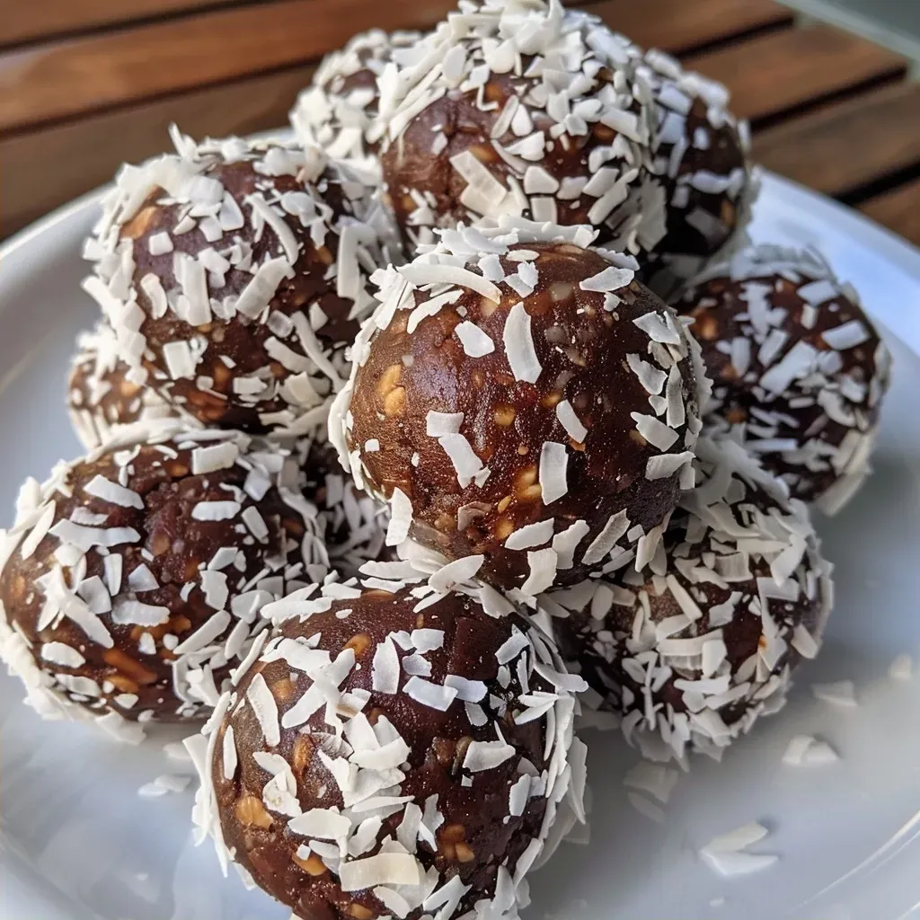 ['Close-up view of shiny Chocolate Coconut Energy Balls on a wooden surface.', 'Delicious Chocolate Coconut Energy Balls, showing a side view with a textured surface.', 'A group of Chocolate Coconut Energy Balls piled together, highlighting their rich chocolate color.', 'Juicy Chocolate Coconut Energy Balls with shredded coconut sprinkled on top, captured in natural light.']