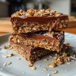 ['Close-up view of a chocolate coconut oat bar with a rich, textured surface.', 'Side view of stacked chocolate coconut oat bars showcasing layers of oats and coconut.', 'Juicy chocolate coconut oat bar with a glossy chocolate finish and shredded coconut on top.', 'A delectable chocolate coconut oat bar cut into squares, highlighting its chewy texture.']