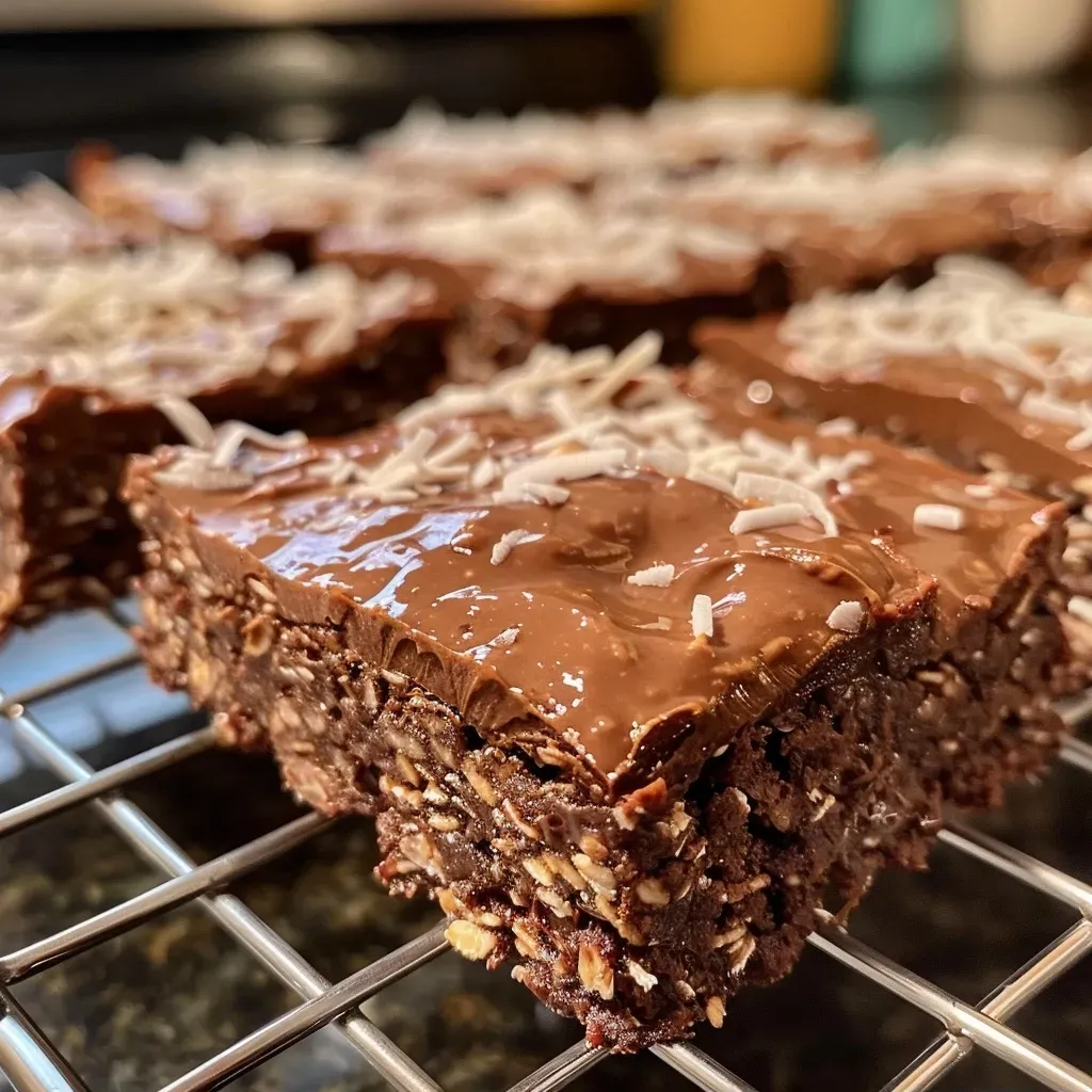 Close-up view of a chocolate coconut oat bar with a rich, textured surface.