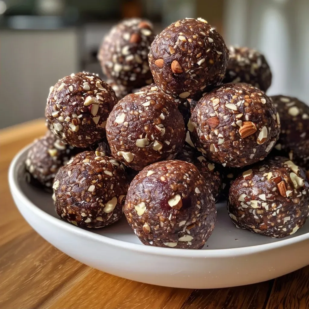 ['Close-up view of chocolate hazelnut energy balls arranged on a plate.', 'Side view of several chocolate hazelnut energy balls with a rich, textured surface.', 'Juicy chocolate hazelnut energy balls displayed on a wooden board.', 'Cluster of energy balls made with chocolate and hazelnuts, showcasing their chewy texture.']