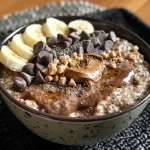 Close-up view of creamy chocolate peanut butter overnight oats in a jar.