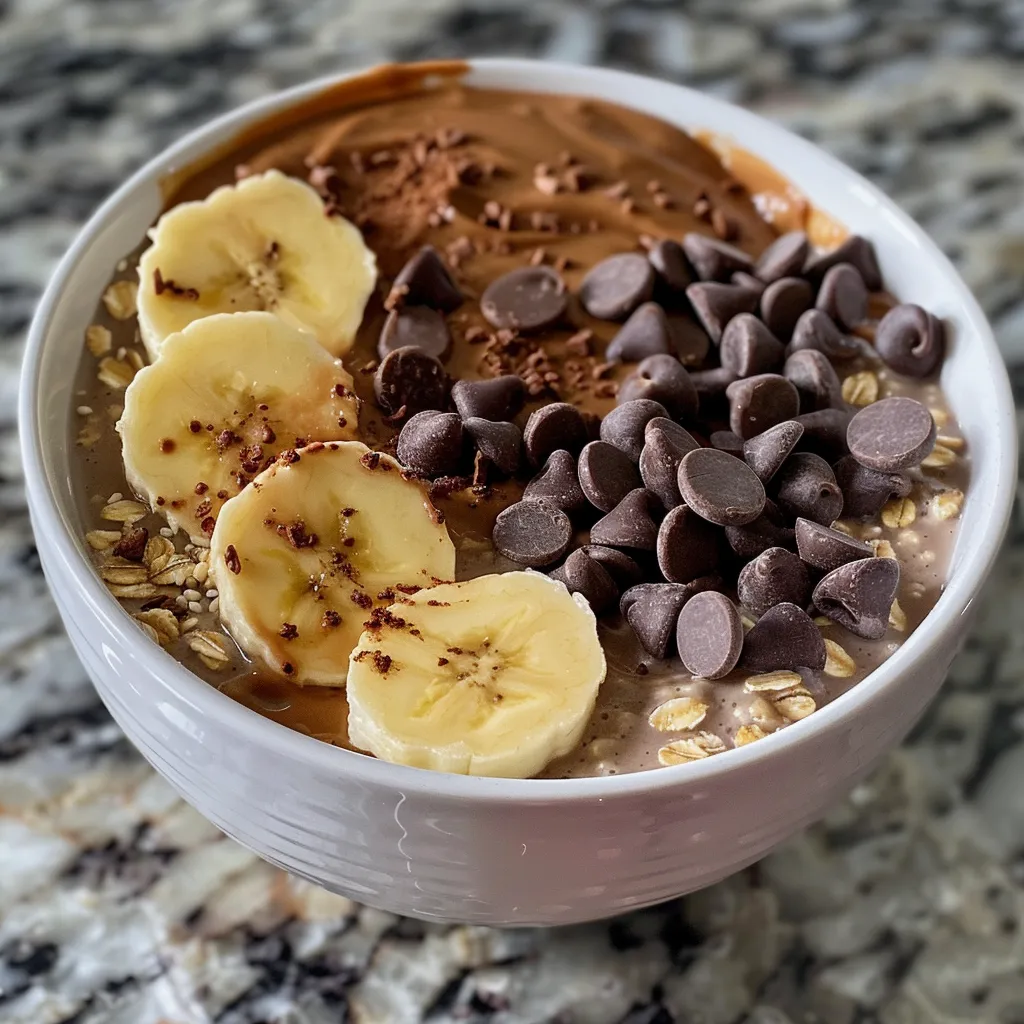 Side view of a glass filled with delicious Chocolate Peanut Butter Overnight Oats topped with chocolate chips.