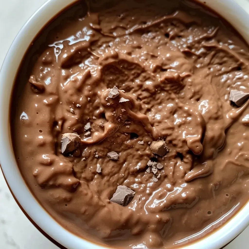['Close-up of creamy chocolate protein pudding in a glass bowl, showcasing its smooth texture.', 'Side view of chocolate protein pudding topped with a sprinkle of cocoa powder on a wooden table.', 'Rich chocolate protein pudding served in a clear dish, highlighting its luscious chocolate color.', 'Detailed shot of thick chocolate protein pudding, featuring a spoon resting beside the bowl.']