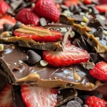 ['Close-up view of chocolate strawberry bark with sliced strawberries embedded in dark chocolate.', 'Side view of chocolate bark featuring vibrant red strawberry slices and a glossy chocolate coating.', 'Thick piece of chocolate strawberry bark showcasing juicy strawberries and a smooth chocolate layer.', 'Textured chocolate bark with thinly sliced strawberries, highlighting a rich dark chocolate finish.']