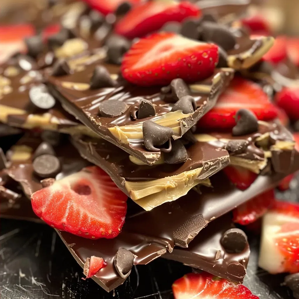 ['Close-up view of chocolate strawberry bark with sliced strawberries embedded in dark chocolate.', 'Side view of chocolate bark featuring vibrant red strawberry slices and a glossy chocolate coating.', 'Thick piece of chocolate strawberry bark showcasing juicy strawberries and a smooth chocolate layer.', 'Textured chocolate bark with thinly sliced strawberries, highlighting a rich dark chocolate finish.']