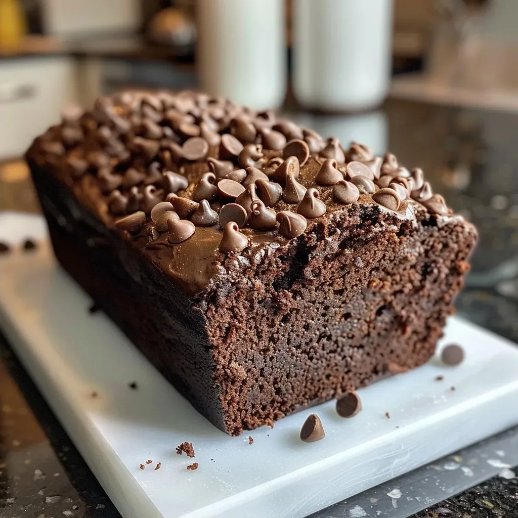['A close-up side view of a moist chocolate yogurt loaf.', 'Juicy chocolate yogurt loaf with a rich texture and mini chocolate chips.', 'Slice of chocolate yogurt loaf showcasing its dense and chocolatey interior.', 'Side view of a chocolate yogurt loaf, highlighting its soft and inviting crust.']