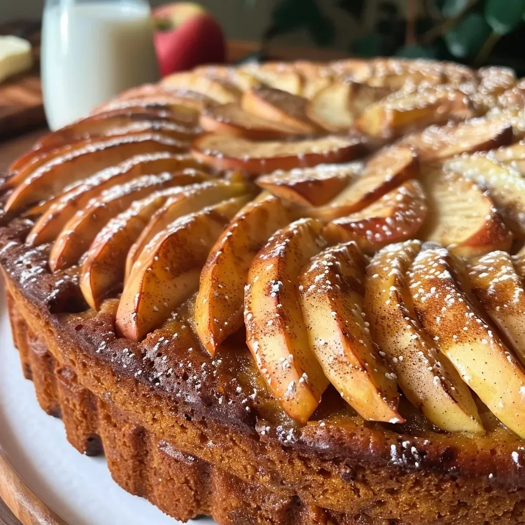 ['Close-up image of a Cinnamon Apple Cake with a smooth icing on top and apple chunks visible.', 'Side view of a Cinnamon Apple Cake showcasing its moist texture and sprinkled icing sugar.', 'Detailed shot of a Cinnamon Apple Cake decorated with a cinnamon dusting and apple pieces.', 'Juicy Cinnamon Apple Cake captured from the side, highlighting its layers and rich color.']