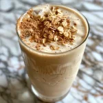 ['Close-up of a creamy cinnamon breakfast smoothie in a glass, garnished with a sprinkle of cinnamon.', 'Side view of a refreshing smoothie made with banana and oats, served in a clear glass.', 'Rich and textured breakfast smoothie featuring oats and yogurt, topped with a dusting of cinnamon.', 'A vibrant, ice-cold cinnamon smoothie in a glass, showcasing its creamy consistency and vibrant color.']
