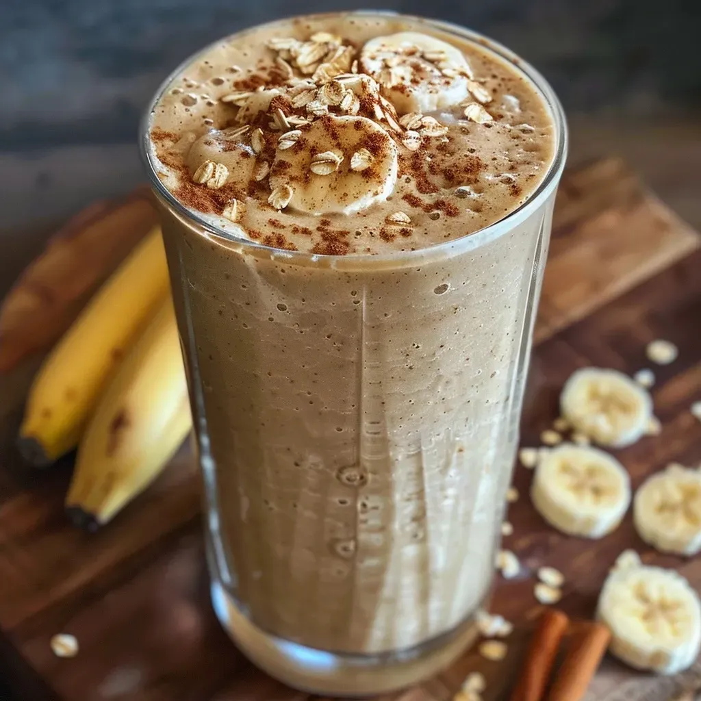 ['Close-up of a creamy cinnamon breakfast smoothie in a glass, garnished with a sprinkle of cinnamon.', 'Side view of a refreshing smoothie made with banana and oats, served in a clear glass.', 'Rich and textured breakfast smoothie featuring oats and yogurt, topped with a dusting of cinnamon.', 'A vibrant, ice-cold cinnamon smoothie in a glass, showcasing its creamy consistency and vibrant color.']