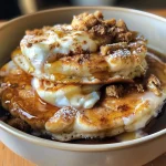 ['A delectable bowl of cinnamon roll pancakes topped with cottage cheese and a drizzle of syrup.', 'Close-up view of a cinnamon roll pancake bowl with creamy cottage cheese and a sprinkle of cinnamon.', 'A tempting pancake bowl filled with cinnamon roll layers and dollops of cottage cheese.', 'Side view of a colorful cinnamon roll pancake bowl garnished with brown sugar and cream cheese.']