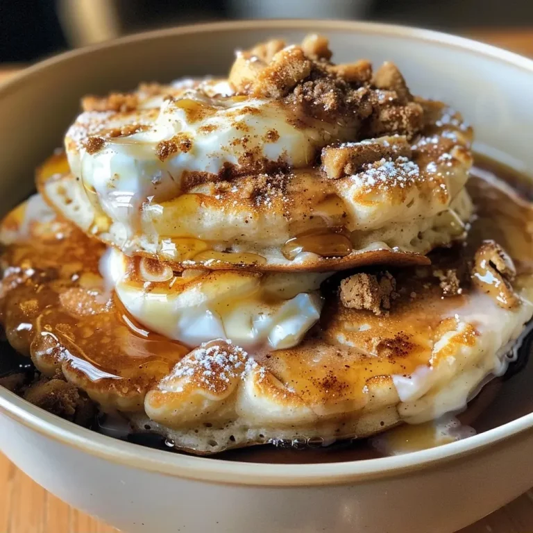 ['A delectable bowl of cinnamon roll pancakes topped with cottage cheese and a drizzle of syrup.', 'Close-up view of a cinnamon roll pancake bowl with creamy cottage cheese and a sprinkle of cinnamon.', 'A tempting pancake bowl filled with cinnamon roll layers and dollops of cottage cheese.', 'Side view of a colorful cinnamon roll pancake bowl garnished with brown sugar and cream cheese.']