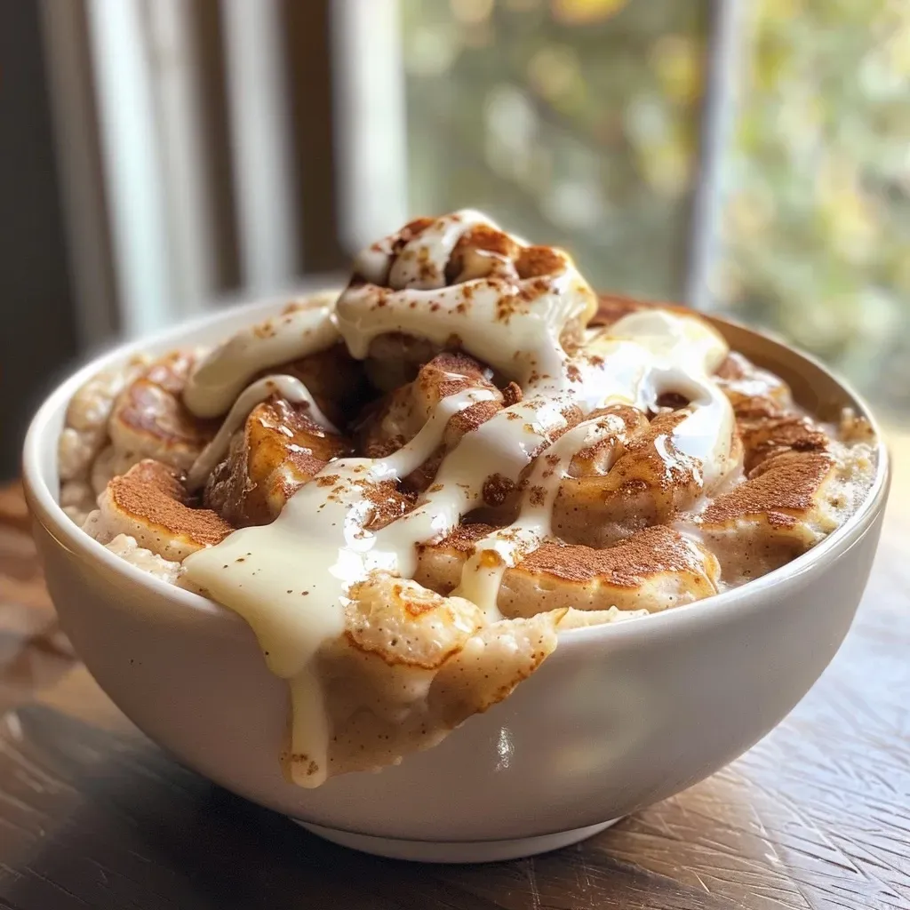 ['A delectable bowl of cinnamon roll pancakes topped with cottage cheese and a drizzle of syrup.', 'Close-up view of a cinnamon roll pancake bowl with creamy cottage cheese and a sprinkle of cinnamon.', 'A tempting pancake bowl filled with cinnamon roll layers and dollops of cottage cheese.', 'Side view of a colorful cinnamon roll pancake bowl garnished with brown sugar and cream cheese.']