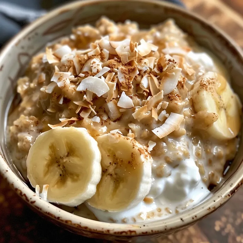 ['Close-up view of Coconut Cream Pie Overnight Oats in a glass jar, showcasing oats and coconut toppings.', 'Side view of creamy Coconut Cream Pie Overnight Oats, featuring layered ingredients and a sprinkle of coconut on top.', 'Detailed image of Coconut Cream Pie Overnight Oats with toppings, highlighting the texture and freshness of the ingredients.', 'Appetizing close-up of a serving of Coconut Cream Pie Overnight Oats, emphasizing the creamy layers and coconut garnish.']