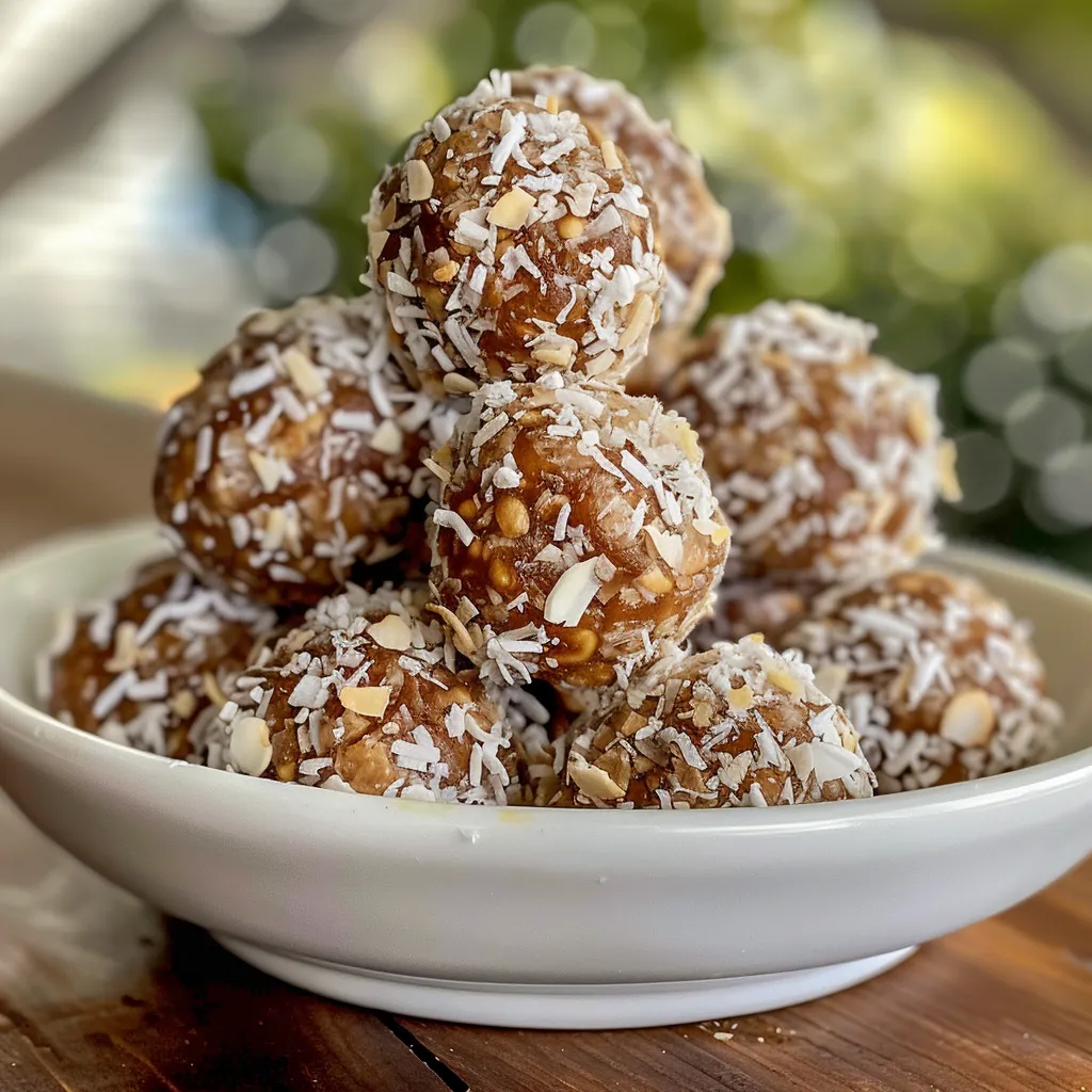 Side angle of freshly made Coconut Date Balls, highlighting the shredded coconut coating.