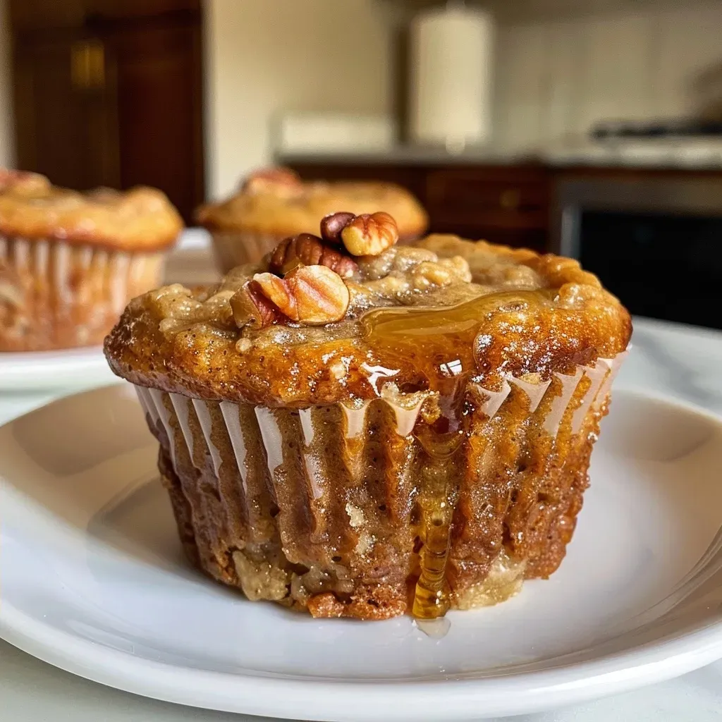 ['Close-up view of a delicious coconut flour banana muffin with a golden-brown top and visible pecans.', 'Side view of moist coconut flour banana muffins showcasing the fluffy texture and pecan topping.', 'Juicy banana muffins made with coconut flour, featuring a rich, golden crust and scattered nuts.', 'A delectable coconut flour banana muffin with a crispy top and a side profile highlighting its texture.']