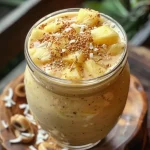 ['Close-up view of a refreshing coconut pineapple smoothie in a glass with a straw, set against a bright background.', 'Side view of a vibrant coconut pineapple smoothie with a frothy texture, garnished with a slice of pineapple.', 'A delicious coconut pineapple smoothie in a clear glass showcasing the creamy consistency and tropical colors.', 'Close-up photo of a coconut pineapple smoothie, highlighting its thick, luscious texture and tropical ingredients.']