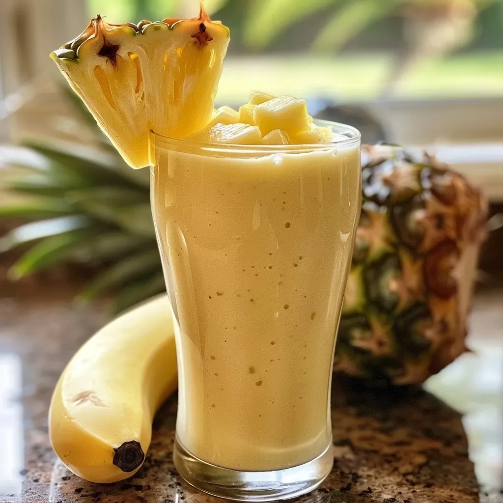 ['Close-up view of a refreshing coconut pineapple smoothie in a glass with a straw, set against a bright background.', 'Side view of a vibrant coconut pineapple smoothie with a frothy texture, garnished with a slice of pineapple.', 'A delicious coconut pineapple smoothie in a clear glass showcasing the creamy consistency and tropical colors.', 'Close-up photo of a coconut pineapple smoothie, highlighting its thick, luscious texture and tropical ingredients.']