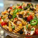 ['Close-up view of a colorful chicken taco pasta salad with cherry tomatoes and olives.', 'Side view of a bowl filled with chicken taco pasta salad, showcasing fusilli and fresh ingredients.', 'Juicy Cool Chicken Taco Pasta Salad featuring vibrant cherry tomatoes and scallions.', 'Detailed shot of a mixed pasta salad with chicken, olives, and a creamy dressing.']