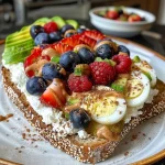 ['Close-up view of cottage cheese breakfast toast topped with mixed berries and sliced banana.', 'Side view of a hearty slice of sprouted bread topped with cottage cheese, avocado, and smoked salmon.', 'A delicious breakfast toast featuring cottage cheese, almond butter, and colorful toppings laid out invitingly.', 'Detailed shot of cottage cheese toast garnished with red onion, capers, and a sprinkle of everything bagel seasoning.']