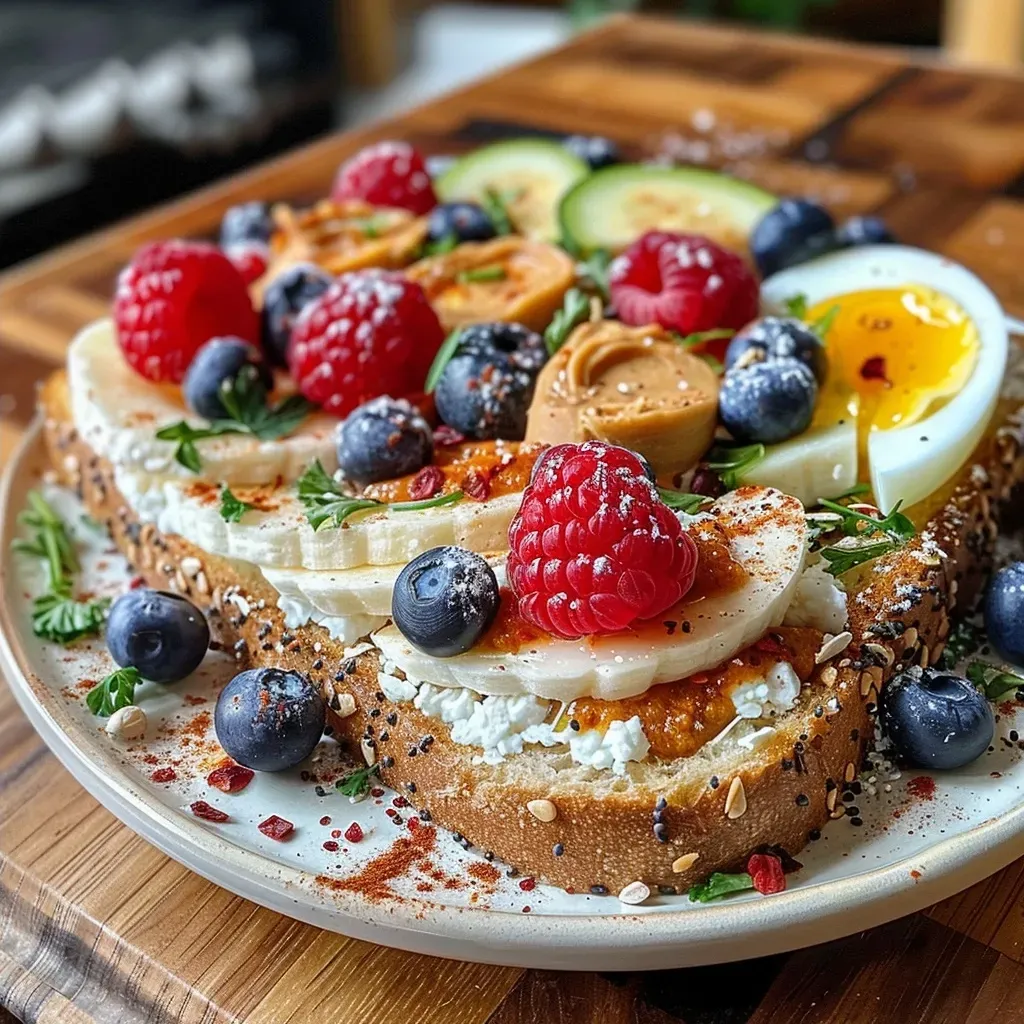 ['Close-up view of cottage cheese breakfast toast topped with mixed berries and sliced banana.', 'Side view of a hearty slice of sprouted bread topped with cottage cheese, avocado, and smoked salmon.', 'A delicious breakfast toast featuring cottage cheese, almond butter, and colorful toppings laid out invitingly.', 'Detailed shot of cottage cheese toast garnished with red onion, capers, and a sprinkle of everything bagel seasoning.']
