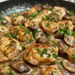 Close up of creamy chicken mushroom dish with herbs and spices.