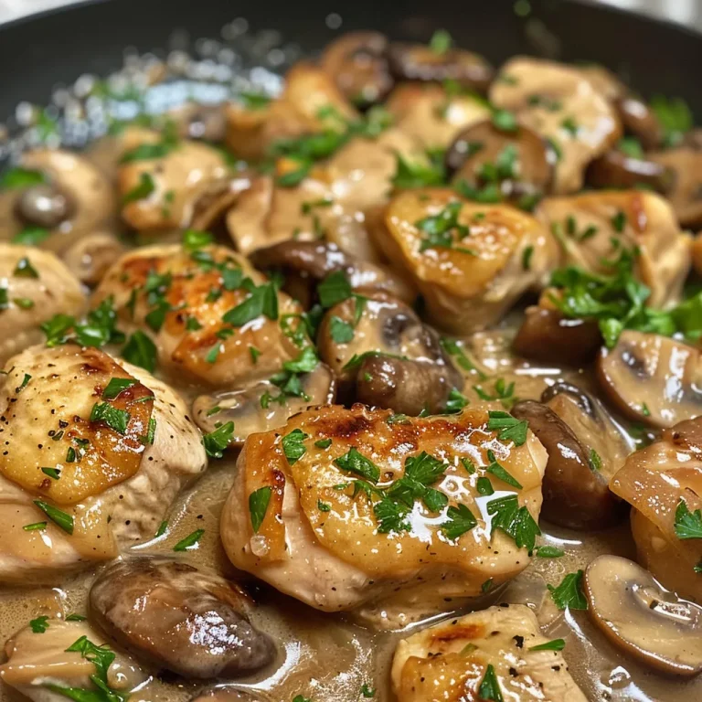 Close up of creamy chicken mushroom dish with herbs and spices.