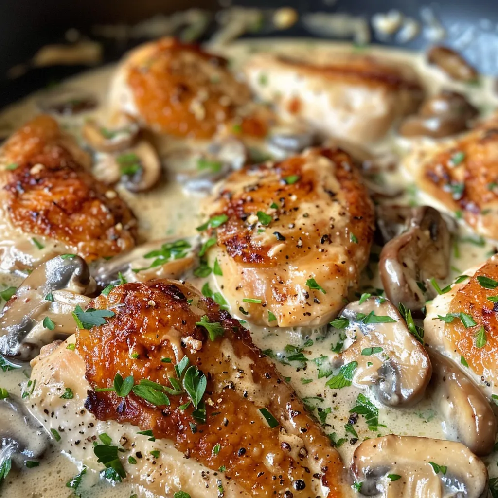 Juicy chicken pieces and mushrooms in a creamy sauce, served in a bowl.