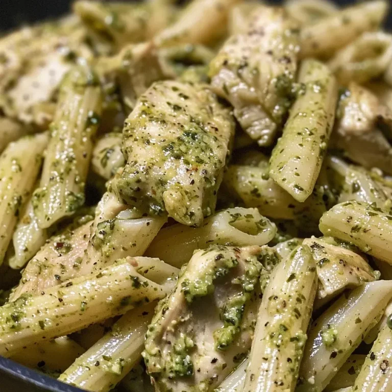 A close-up view of creamy chicken pesto pasta topped with parsley.