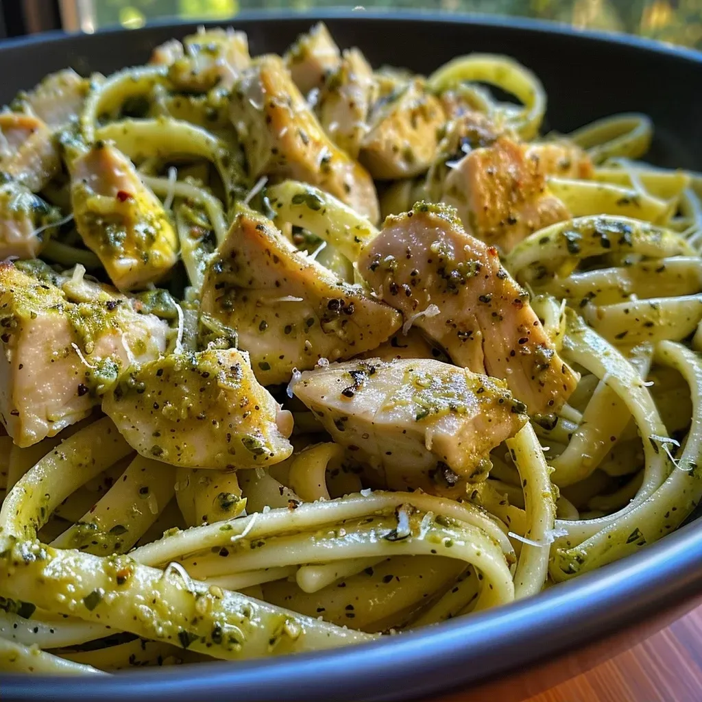 Juicy chicken pieces mixed with green pesto sauce and pasta in a bowl.