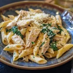 Close-up view of creamy chicken spinach pasta with bright green spinach and chicken pieces.