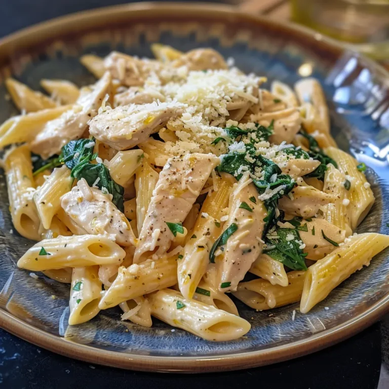 Nourishing Pasta Dishes for Cozy Evenings Close-up view of creamy chicken spinach pasta with bright green spinach and chicken pieces.
