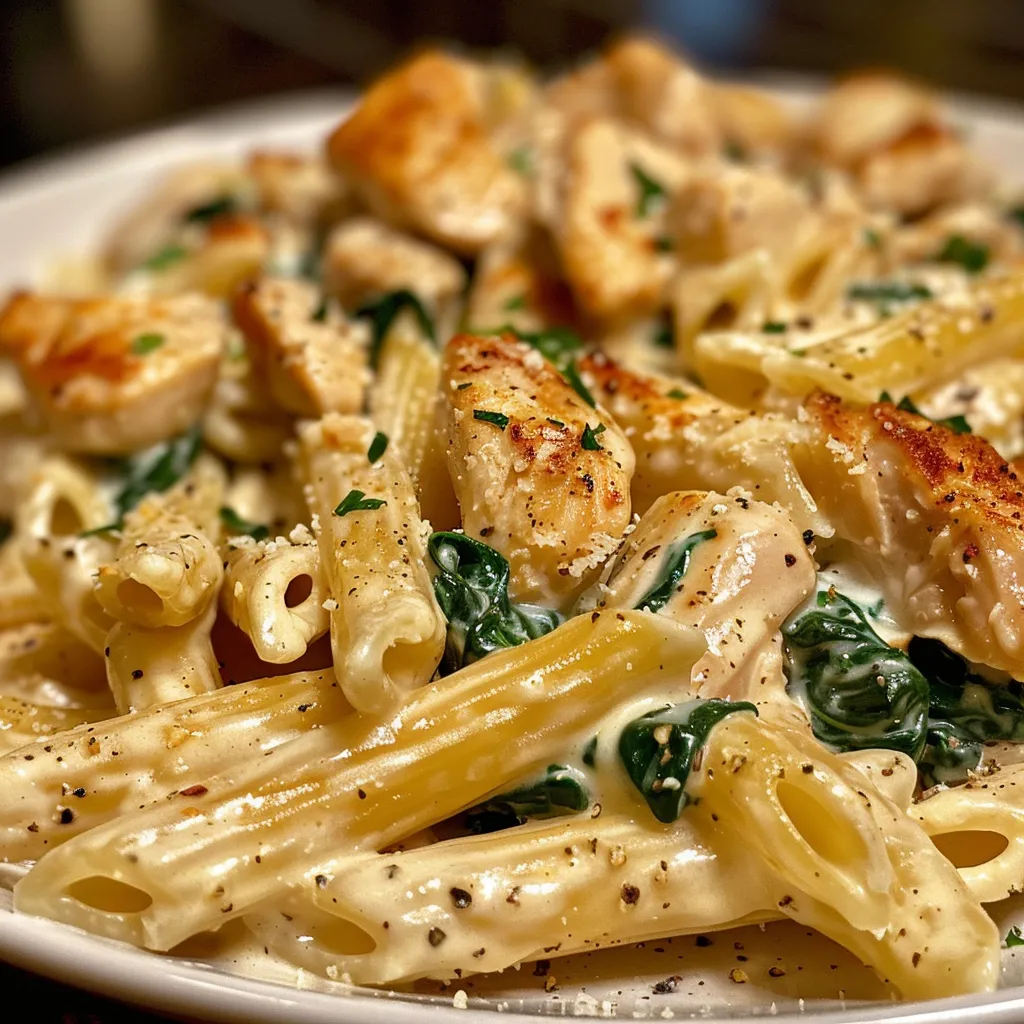Side view of a delicious bowl of creamy chicken pasta garnished with parsley.