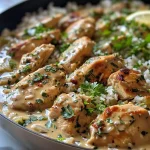 ['Close-up view of creamy herb chicken served over basmati rice.', 'Juicy, golden-brown chicken pieces atop fluffy white basmati rice.', 'A side view of herb-infused chicken with a creamy sauce next to rice.', 'Plated creamy herb chicken with a lemon wedge and fresh parsley garnish.']