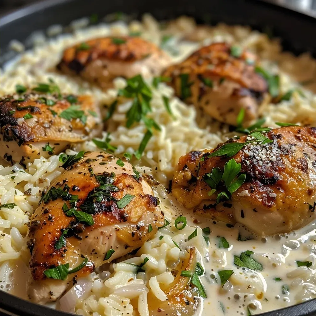 ['Close-up view of creamy herb chicken served over basmati rice.', 'Juicy, golden-brown chicken pieces atop fluffy white basmati rice.', 'A side view of herb-infused chicken with a creamy sauce next to rice.', 'Plated creamy herb chicken with a lemon wedge and fresh parsley garnish.']