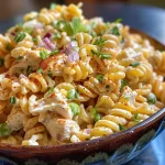 ['Close-up of creamy pasta salad with colorful ingredients including peas, chicken, and diced vegetables.', 'Side view of a vibrant pasta salad featuring chickpea rotini, Greek yogurt dressing, and fresh vegetables.', 'Detailed view of a textured, creamy pasta salad highlighting chickpeas, peas, and crunchy celery pieces.', 'Juicy pasta salad in a bowl, showcasing rich creaminess and colorful vegetable accents.']
