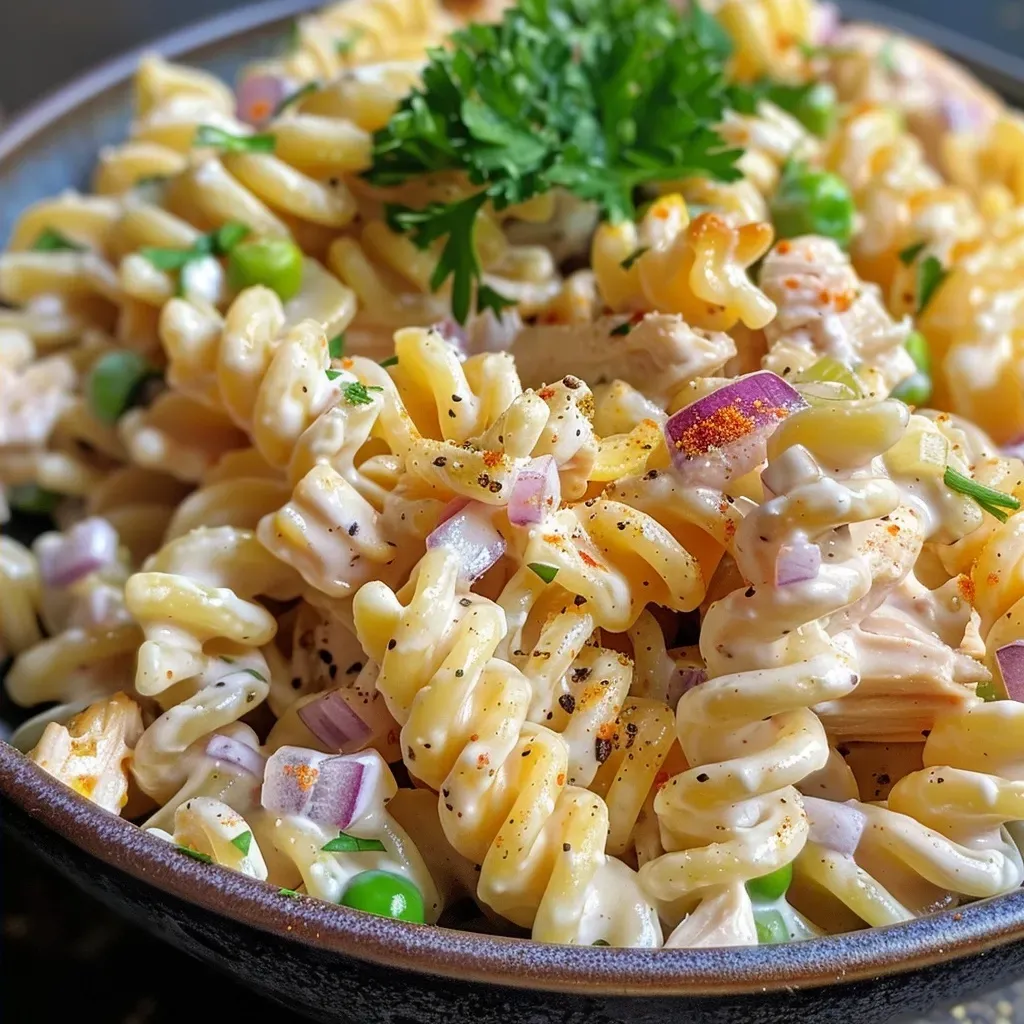 ['Close-up of creamy pasta salad with colorful ingredients including peas, chicken, and diced vegetables.', 'Side view of a vibrant pasta salad featuring chickpea rotini, Greek yogurt dressing, and fresh vegetables.', 'Detailed view of a textured, creamy pasta salad highlighting chickpeas, peas, and crunchy celery pieces.', 'Juicy pasta salad in a bowl, showcasing rich creaminess and colorful vegetable accents.']