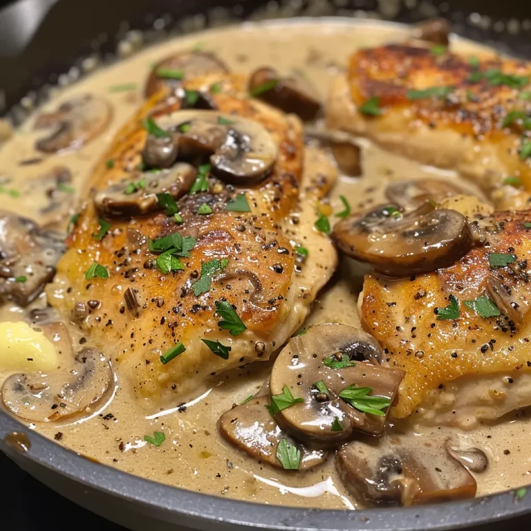 Savoring Simplicity Creamy Mushroom Chicken Delight Juicy Creamy Mushroom Chicken served on a white plate with a side view.