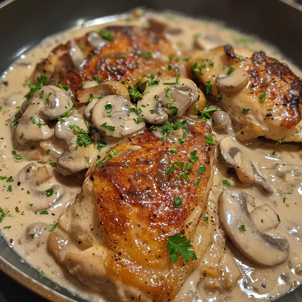 Close-up of Creamy Mushroom Chicken showcasing tender chicken breasts and mushroom sauce.